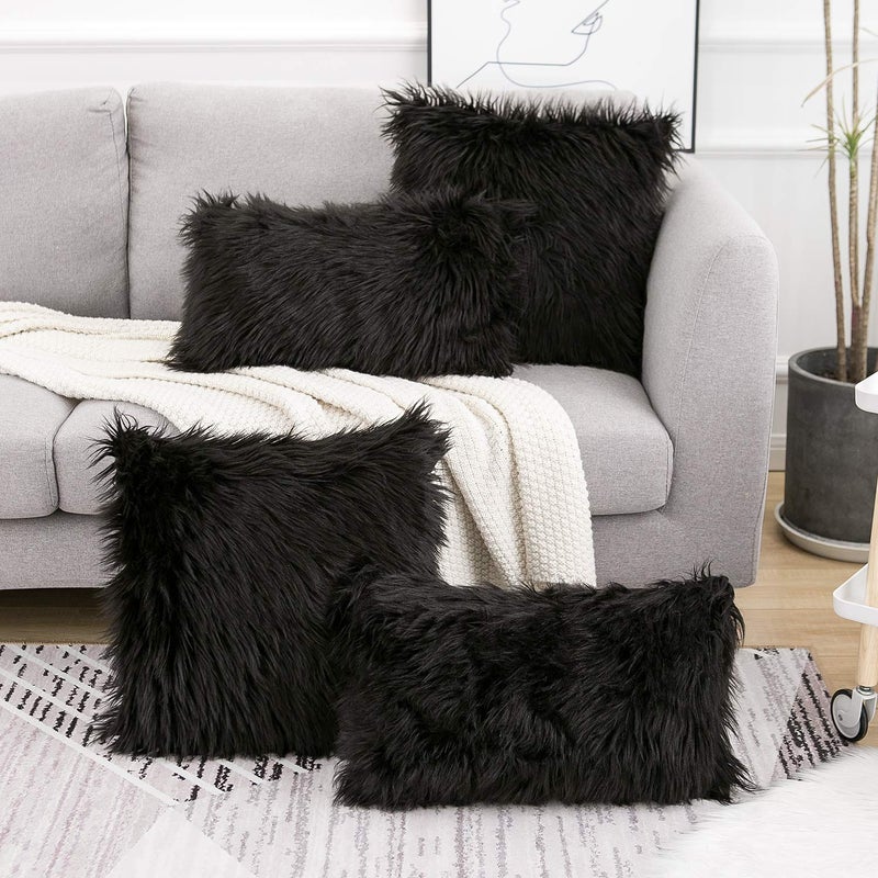 WLNUI Set of 2 Black Decorative Fluffy Pillow Covers New Luxury Series Merino Style Faux Fur Throw Pillow Covers Square Fuzzy Cushion Case Spring Easter Home Decor 16x16 Inch - Image 2